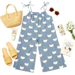 Handmade Chicken Print Cotton Jumpsuit Wide Leg Boho Novelty Womens M EUC Cute